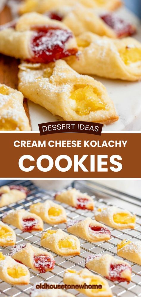 Kolachy Cookies are a traditional Hungarian Cookie made with a cream cheese dough and stuffed with fruit filling. Kolachy Cookies, Cream Cheese Dough, Hungarian Cookies, Cheese Dough, Traditional Christmas Cookies, Christmas Cookie Recipe, Raspberry Preserves, Fruit Filling, Cream Cheese Filling