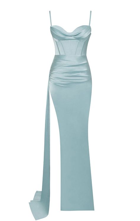 Elevate your style with our Saskia Corset Satin Maxi Gown in a beautiful baby blue hue. This enchanting gown exudes grace and sophistication. The corset bodice enhances your figure, creating a flattering silhouette that exudes confidence. The baby blue satin fabric adds a touch of elegance, while the side drape cascades down with a captivating allure. With its timeless design and attention to detail, this gown is perfect for any special occasion, leaving a lasting impression. Step into the spotlight and embody the beauty of femininity with the Saskia gown. Material: Premium Double Layer Satin Enhanced curve Maxi Skirt with High Leg Slit Side Panel double layer drape Spaghetti neckline Dry Clean Only Blue Satin Fabric, Prom Birthday, Corset Gown, Tie Dye Jumpsuit, Satin Corset, Draped Skirt, Royal Style, Maxi Dress Cocktail, Sparkly Dress