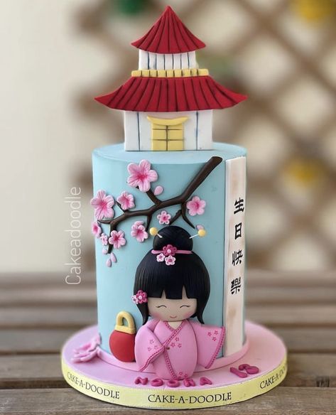 Japan Theme Cake, Japanese Inspired Cake, Japan Cake Design, Japanese Wedding Cakes, Asian Party Themes, Japan Cake, Doodle Cake, Cherry Blossom Party, Cookie Recipes Decorating