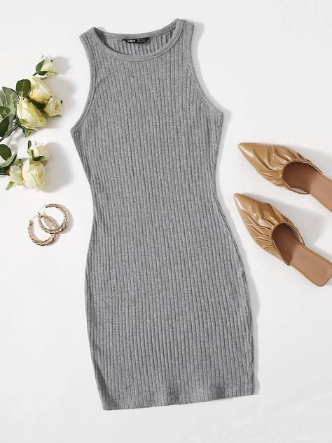 Teenage Dresses Casual Simple, Grey Casual Dress, Grey Bodycon Dress Outfit, Grey Dress Casual, Grey Bodycon Dress, Navy Blue Dress Casual, Teenage Dress, Ribbed Knit Bodycon Dress, Body Con Dress Outfit