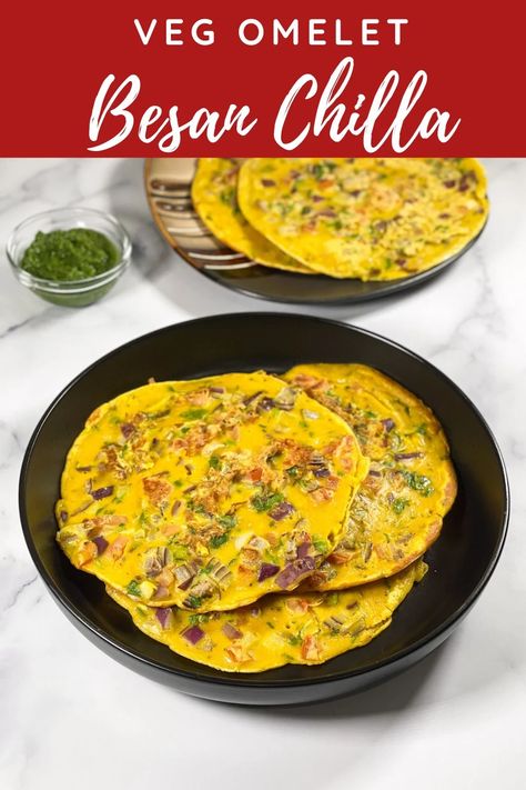 Besan Chilla Recipe • Simple Sumptuous Cooking Besan Pudla Recipe Indian, Besan Chilla Recipe, Vegetarian Omelette, Besan Chilla, Easy Breakfast Recipe, Naan Recipe, Vegan Asian, Green Chutney, Gram Flour