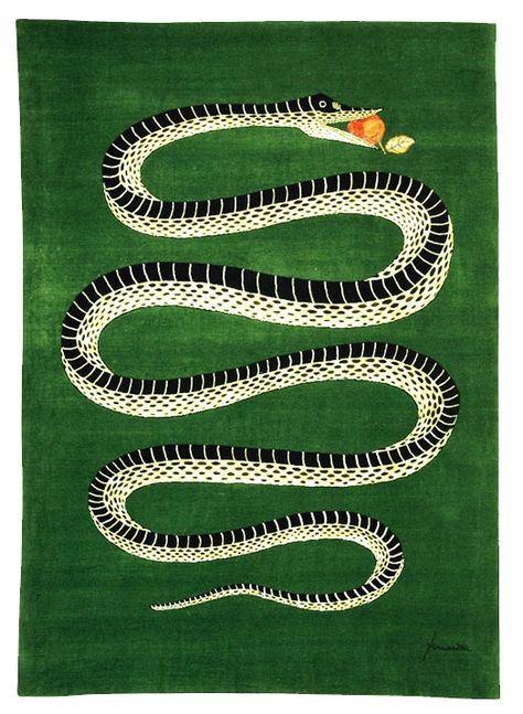 This Garden of Eden-themed serpent rug by Fornasetti belongs in a bedroom.    The Wall Street Journal explores "The Cult of F Piero Fornasetti, Soyut Sanat Tabloları, Artisan Rugs, Design Studios, A Snake, 4x6 Rugs, Modern Carpet, Green Area Rugs, Large Area Rugs