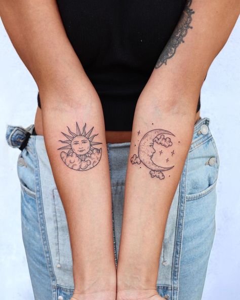 25+ Tiny Tattoos That Are Wonderful Despite Their Size Sum And Moon Tattoo Matching, Sun And Moon Tattoos Seperate, Sun And Moon Shin Tattoo, Best Friend Tattoos Sun And Moon, Moon And Sun Tattoo Best Friend, Moon And Sun Matching Tattoos, Sun And Moon Matching Tattoos, Matching Sun And Moon Tattoo, Friend Group Tattoos