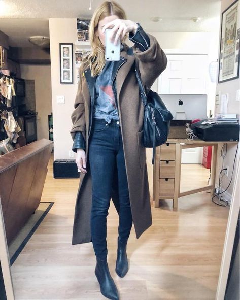 What I Wore. I am wearing a grey Bowie t-shirt, black skinny jeans, booties, a leather moto, and a long wool coat. Norway Fashion, Closet Art, Transitional Dressing, Capsule Wardrobe Work, Booties Outfit, Mum Fashion, Long Wool Coat, Hipster Outfits, Budget Fashion