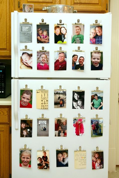 Using magnetic clips to create a photo gallery on your fridge makes swapping out photos a snap! Fridge Decoration Ideas, Fridge Makeover, Magnet Activities, Fridge Photos, Family Projects, Fridge Decor, Fridge Door, Photo Collages, Photo Display