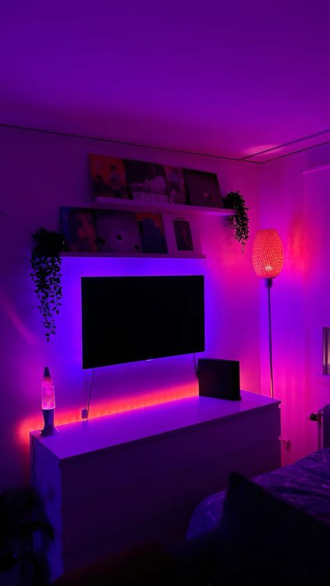 Room Ideas Purple Aesthetic, Apartment Ambient Lighting, Frank Ocean Bedroom, Tv In Room Aesthetic, Led Light Combos, Lava Lamp Aesthetic Room, Tv In Room Bedroom, Led Room Lights Bedrooms, Led Room Ideas