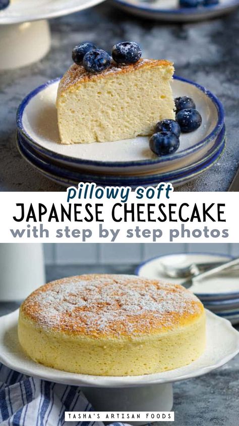 japanese cheesecake being served Japan Cheesecake Recipes, Easy Japanese Cheesecake, Cloud Cheesecake, Japanese Cotton Cheesecake Recipe, Cotton Cheesecake Recipe, Cheesecake Japanese, Japanese Cheesecake Recipe, Japanese Cotton Cheesecake, Fluffy Cheesecake