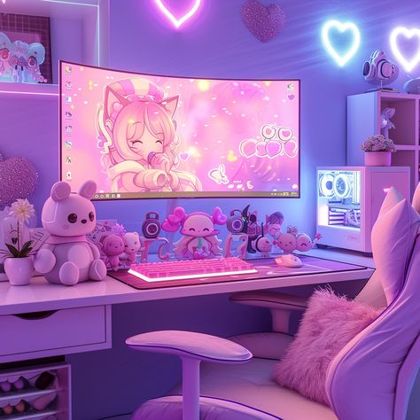 Pink And Purple Gaming Setup, Gamer Girl Bedroom, Cat Earphones, Streaming Room, Future Bedroom Ideas, Pc Decoration, Games Room Inspiration, Bedroom Gaming, Gaming Wallpaper