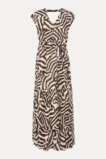 The maxi dress that you're bound to keep reaching for, time and time again. Designed in an on-trend zebra print, their maxi dress features a feminine V-neckline that s framed with short sleeves as well as a self-tie belt and back keyhole detailing. This flowing silhouette features a tiered skirt for beautiful movement. They'll be wearing this with sandals and trainers, all season long. Part of their sustainably sourced collection. This style has been made from recycled polyester, giving material Zebra Print Maxi Dress, Zebra Stripes, Dress Shapes, Capped Sleeve Dress, Phase Eight, Lovely Dresses, Printed Maxi, Tiered Skirt, Tie Belt