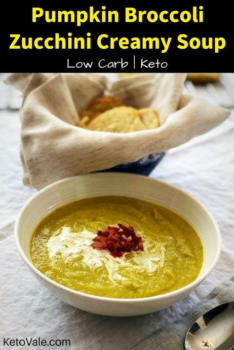 Pumpkin Broccoli Zucchini Creamy Soup Low Carb Recipe Pumpkin Broccoli Soup, Sausage Pasta Skillet, Creamy Sausage Pasta, Bacon Soup Recipes, Sausage Broccoli, Zucchini Soup Recipes, Tomato Chutney Recipe, Keto Sausage, Pasta Skillet