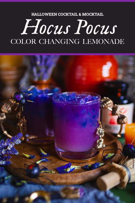 Witchy Color Changing Lemonade | Hocus Pocus Inspired Recipe Witch Themed Drinks, Witchy Drinks Non Alcoholic, Purple Appetizers, Purple Drinks Alcohol, Color Changing Lemonade, Fantasy Drinks, Making Herbal Tea, Butterfly Pea Flowers, Halloween Party Drinks