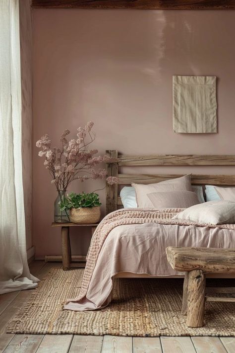 One Pink Wall Bedroom, Small Spare Room Colour Ideas, Rose Bedroom Walls, Country Pink Bedroom, Rustic Pink Bedroom, Plaster Pink Bedroom, Rust And Pink Bedroom, Pink Wall Bedroom Ideas, Small Bedroom Colour Ideas