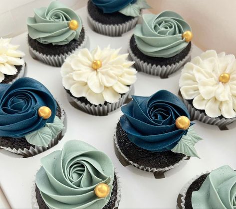 Navy Cupcakes Wedding, Sage Green And Blue Cupcakes, Blue And Green Wedding Cupcakes, Dark Teal Cupcakes, Retirement Cupcakes For Men, Celebration Of Life Cupcakes, Teal Cupcakes Birthday, Teal Desserts, Emerald Green Cupcakes