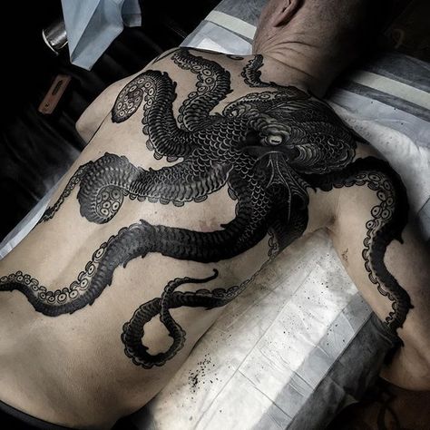 Octopus Tattoo by Rakov Serj                                                                                                                                                                                 More Tentacle Tattoo, Gotik Tattoo, Kraken Tattoo, Squid Tattoo, Backpiece Tattoo, Russian Tattoo, Octopus Tattoo Design, Octopus Tattoos, Octopus Design