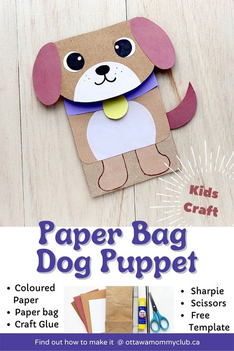 Dog Puppet Paper Bag, Puppy Paper Bag Puppet, Animal Puppets Paper Bag, Dog Paper Bag Puppet, Dog Puppet Craft, Paper Dog Craft, Paper Bag Design Diy, Dog Hand Puppet, Dog Puppet