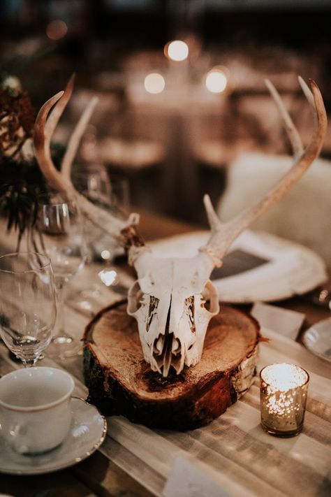 Elegant Meets Edgy Ottawa Wedding at the Billings Estate Museum | Junebug Weddings Animal Skull Centerpiece Wedding, Bones Wedding, Bone Wedding Decor, Antlers In Wedding Decor, Taxidermy Wedding Decor, Antler Table Centerpiece, Cow Skull Wedding Decor, Taxidermy Wedding, Antler Wedding Centerpieces