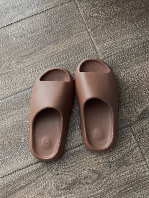 Casual Brown Slip-on Slides, Brown Leather Sole Slides, Slip-on Fit, Brown Slip-on Slides With Rubber Sole, Brown Slides With Buckle Closure, Brown Slip-on Slides With Buckle Closure, Yeezy Slides, Slides, Slip On Sandal, Slip On