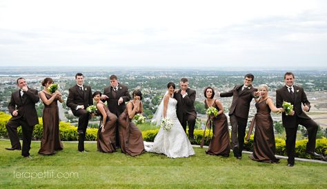 Brown wedding party Brown Tux Wedding Party, Dark Brown Groomsmen Attire, Dark Brown Bridesmaid Dresses, Brown Tux, Chocolate Brown Wedding, Brown Groomsmen, Brown Tuxedo, Groomsmen Pictures, Bridal Party Groomsmen