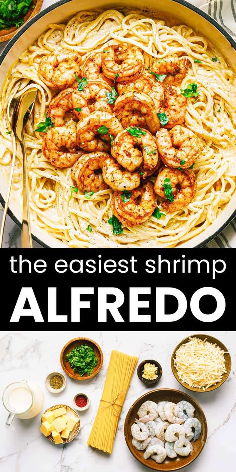 Perfect for busy weeknights, this easy shrimp alfredo recipe combines juicy, tender shrimp, al dente linguine, and creamy Alfredo sauce for a super satisfying meal in under 30 minutes! Simple ingredients make this a go-to comfort food favorite! Easy Shrimp Alfredo Recipe, Chicken Scampi Recipe, Easy Shrimp Alfredo, Alfredo Recipes, Shrimp Alfredo Recipe, Mediterranean Dinner, Meatball Sandwich, Night Recipes, Shrimp Alfredo