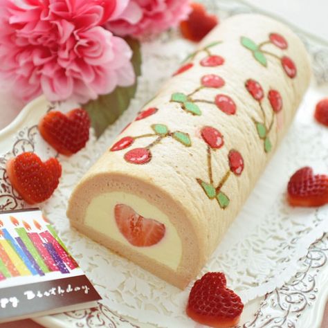 Cherry 🍒 deco roll cake for my friend's birthday 🎉filled with yogurt mousse and heart shaped strawberry 🍓 Happy Birthday ❤️ ・ ・… Swiss Roll Cake Design, Deco Roll Cake, Heart Shaped Strawberry, Yogurt Mousse, Swiss Roll Cake, Cake Classes, Baking Classes, Cherry Cake, Swiss Roll