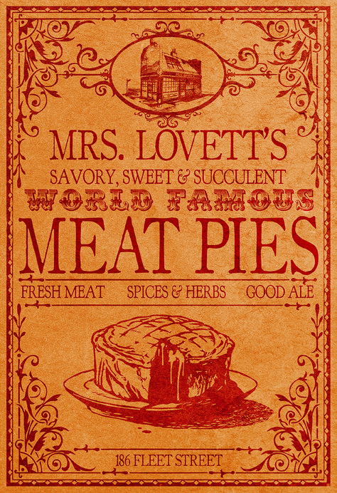 Mrs. Lovett’s Meat Pies Tim Burton Party, Broadway Party, Year Scrapbook, Mrs Lovett, Heritage Recipes, The Legend Of Sleepy Hollow, Arte Occulta, Pie Shop, Meat Pies