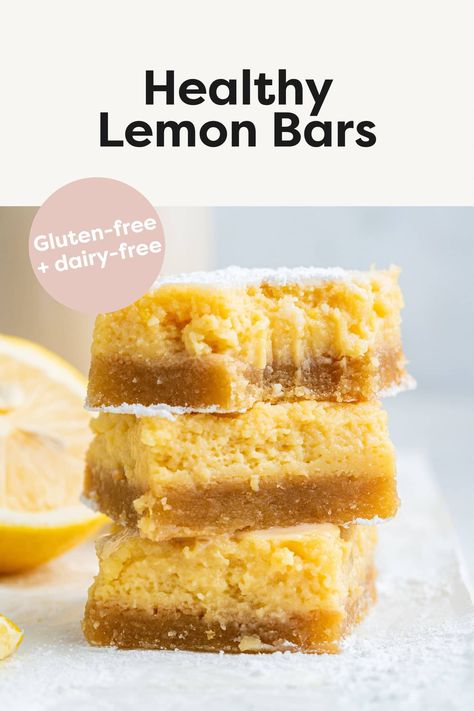 These healthy lemon bars have an almond flour shortbread crust and a creamy, perfectly tart lemon filling. They're gluten-free, dairy-free, naturally sweetened and made with only 6 simple ingredients! Almond Flour Shortbread Crust, Dairy Free Lemon Bars, Healthy Lemon Bars, Lemon Desserts Healthy, Paleo Lemon Bars, Almond Flour Shortbread, Lemon Snack, Gluten Free Lemon Bars, Sugar Free Sweets