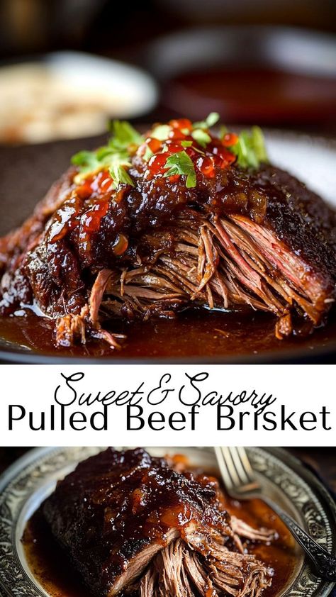 Tender Caramelized Beef Brisket is slow-cooked to perfection with a sweet and savory sauce. Great for fall recipes, this hearty dish is easy to prepare and pairs beautifully with roasted veggies or soft bread. Shredded Beef Brisket Recipes, Bbq Pulled Beef Slow Cooker, Instant Pot Bbq Brisket, Small Beef Brisket Recipes, Brisket Point Recipe Slow Cooker, Beef Point Brisket Chunks Recipes, Holiday Brisket Recipes, Brisket For Christmas Dinner, Things To Make With Brisket