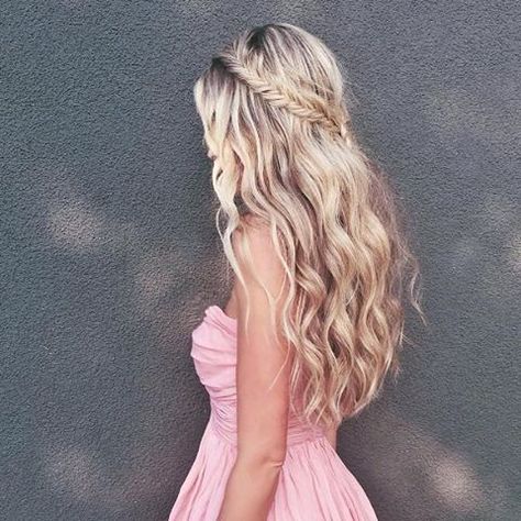 @carajourdan is the ultimate Girl Next Door in a pink sweetheart dress  and a twisted half up crown braid . She finishes off with loose beach waves to add a flirty touch to her sweet look . #hairoftheday #NuMeStyle #braid Dirndl Hairstyles, Dance Hairstyles, Fishtail Braid, Long Blonde, Braided Hairstyles For Wedding, Formal Hairstyles, Long Blonde Hair, Fish Tail Braid, Homecoming Hairstyles