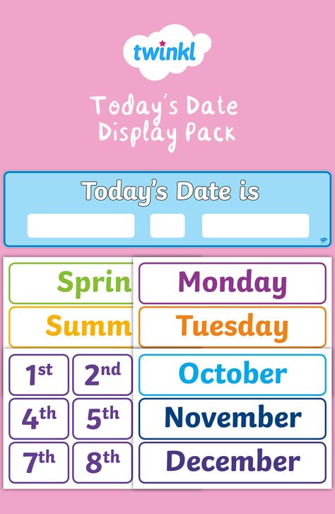 This display banner will brighten up your wall and get your class actively remembering the date! With changeable days, months and seasons cards, this is a great way to involve your class and reinforce their learning of the days and months of the year. Just one of the ready-made numeracy display packs available from Twinkl - click to download!  #displaypack #teachingresources #daysoftheweekactivities #monthsoftheyear #calenderideasforchildren #displayinspiration #eyfs #twinkl #twinklresources Day And Date Display Classroom, Numeracy Display, Todays Date, Days Of The Week Activities, Chart For Classroom, Let It Go Lyrics, Months And Seasons, Meet The Teacher Template, Classroom Board