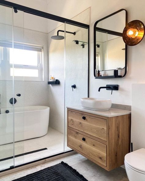 Douglas & Douglas (@douglas_and_douglas) • Instagram photos and videos Shower And Tub Combo, Walk In Shower With Tub, Tub Shower Combo Remodel, Soaking Tub Shower Combo, Cottage Showers, Glam Bathroom Decor, Black Tub, Glam Bathroom, Small Bathtub