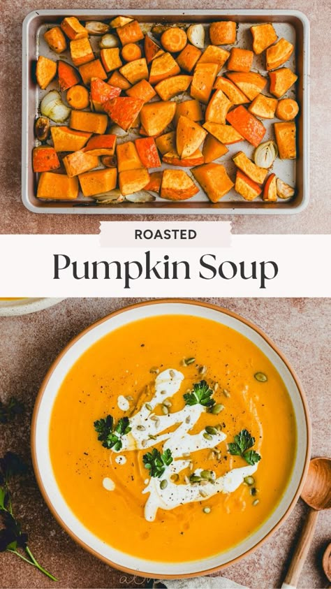 This wonderfully creamy and aromatic roasted pumpkin soup recipe is one of the best things fall has to offer! It’s warming, delicious, low in calories, and packed with vitamins! Creamy Roasted Pumpkin Soup, Roasted Pumpkin Soup Recipe Butternut Squash, What To Do With Roasted Pumpkin, Roast Pumpkin Soup Recipe, Pumpkins Soup Recipes, Pumpkin Soup With Real Pumpkin, Homemade Pumpkin Soup Recipe, Roasted Pumpkin Soup Recipe Easy, Soup And Cornbread Recipes