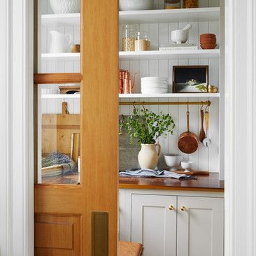 The butler’s pantry functions as a nice separate workspace while tying in the natural and airy colors of the kitchen. glossy butcher block counters and open shelving Designed with Jess Weeth Pantry Butcher Block, Gallery Kitchen Layout, Organizing Snacks, Counter Pantry, Diy Pantry Organization, Pantry Inspiration, Pantry Organization Ideas, Butchers Block, Butcher Block Counter