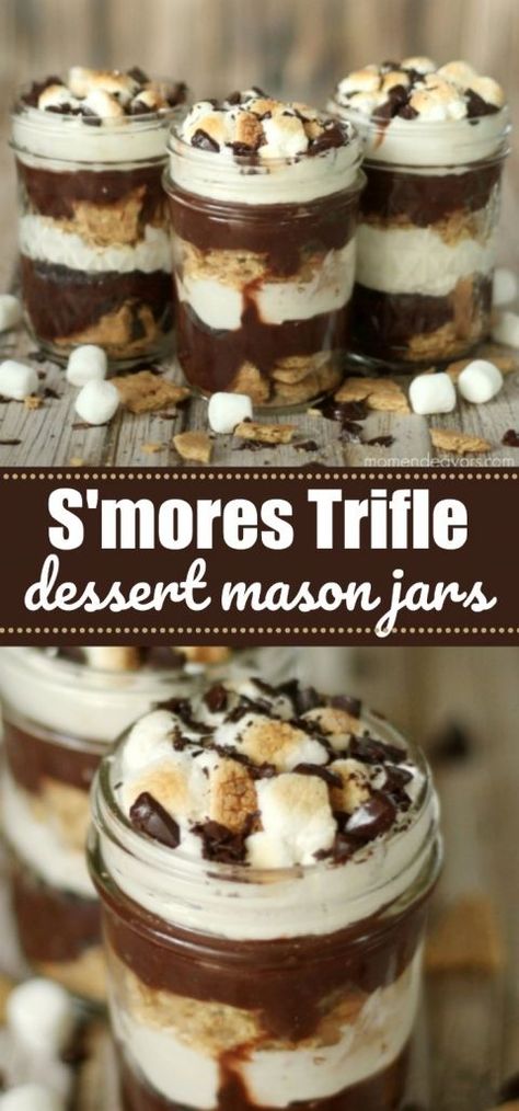 Brownie Jar Desserts, Easy Jar Desserts, Oui Jar Desserts, Smores Trifle Recipe, Trifle Cups Individual, Mini Trifles Desserts, Jar Cakes Recipes, Jar Dessert Ideas, Dessert In A Jar Recipes