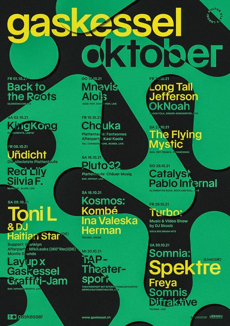 “gaskessel oktober” poster, 2021, by Kai Damian Matthiesen, Switzerland - typo/graphic posters Anti Design Poster, Business Flyer Design Marketing, Lineup Poster, Festival Ads, Event Poster Design Inspiration, Anti Design, Clean Branding, Business Flyer Design, Typo Poster