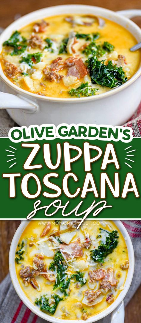 Zuppa Toscana is a creamy, hearty soup loaded with bacon, sausage, potato and kale. This one pot Zuppa Toscana soup recipe comes together quickly and is so filling and delicious - sure to be a hit with the whole family! // Mom On Timeout Zupa Toscana, Olive Garden Zuppa Toscana Soup, Zuppa Toscana Soup Olive Garden, Olive Garden Zuppa, Olive Garden Soups, Olive Garden Zuppa Toscana, Toscana Recipe, Tuscan Soup, Zuppa Toscana Soup