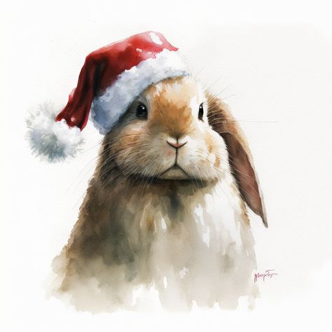 Christmas Bunny Painting, Christmas Animal Paintings, Santa Watercolor, Kid Painting, Watercolor Holiday Cards, Santa Cap, Bunny Watercolor, Christmas Bunny, Bunny Painting