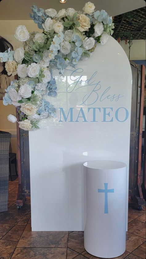 Baptism Boy Theme, Bautizo Ideas Boy Centerpieces, Baptism Backdrop Boy, Baptism Decorations Backdrops, Baptism Backdrop Ideas, Baptismal Decorations Boy Backdrops, Baptism Backdrop, Bautizo Ideas Decoracion, Boy Communion Cake