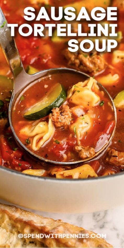 Italian Sausage Tortellini Soup Zucchini, Crockpot Tortellini Soup, Tortellini Soup With Italian Sausage, Bacon Lasagna, Italian Sausage Tortellini Soup, Meal In A Bowl, Cheese Zucchini, Lunch Dishes, Sausage Tortellini Soup