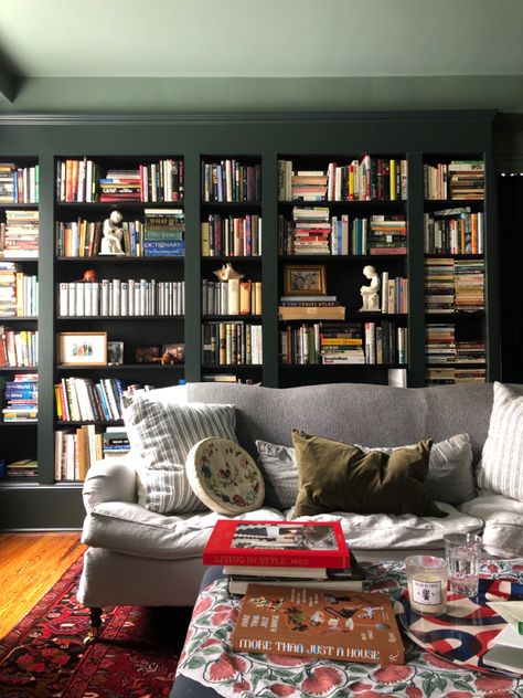 Green Billy Bookcase, Dark Green Bookcase, Studio Green Farrow And Ball, Green Library Room, Green Farrow And Ball, Green Bookcase, Farrow And Ball Living Room, Breakfast Room Green, Family Library