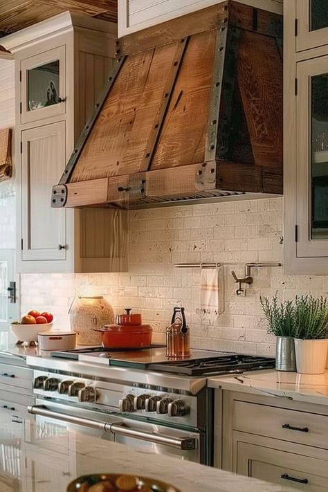 Pair your farmhouse kitchen range hood with stunning backsplash ideas for a cohesive look. #RangeHoodBacksplash #FarmhouseKitchen #KitchenDesign Rustic Kitchen Hood Ideas, Hood Backsplash Ideas, Wooden Range Hood Ideas, Stove Vent Hood Ideas, Farmhouse Kitchen Range Hood, Farmhouse Kitchen Range, Gemstone Projects, Range Hood Backsplash, Hood Backsplash