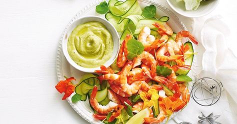 “This recipe is a fun take on the classic prawn cocktail. I’ve given the usual Marie Rose sauce a green twist by using avocado instead of cream or mayonnaise, making it both dairy and egg free. This is one of my summertime faves and is perfect as a shared appetiser or placed in the middle of the tab Crunchy Noodle Salad, Marie Rose Sauce, Xmas Menu, Lobster Restaurant, Mini Pie Recipes, Seafood Sauce, Prawn Cocktail, Marie Rose, Seafood Platter