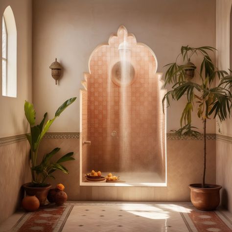 Modern Moroccan Bathroom, Moroccan Bathroom Ideas, Moroccan Inspired Bathroom, Moroccan Villa, Moroccan Bath, Colorful Walls, Moroccan Houses, Aesthetic Elements, Moroccan Bathroom