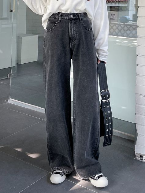 Dark Grey    Denim Plain Wide Leg Embellished Non-Stretch  Women Denim Dark Grey Jeans Outfit Women, Loose Jeans Outfit Casual Women, Grey Wide Leg Jeans Outfit, Stone Wash Jeans Outfit, Dark Grey Jeans Outfit, Grey Denim Outfit, Grey Wide Leg Jeans, Wide Leg Jean Outfits, Loose Jeans Outfit