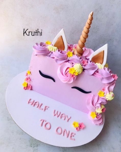 Cake Artist | Coimbatore Home Baker | Half birthday cake in unicorn… | Instagram Half Way To One Cake Ideas, Half Way To One Cake Girl, Half Cake Birthday 6 Months Girl, Half Birthday Cakes Girl, Half Birthday Ideas For Girls 6 Months, Halfway To One Cake, Half Birthday Ideas, Baby Half Birthday, Half Birthday Cake