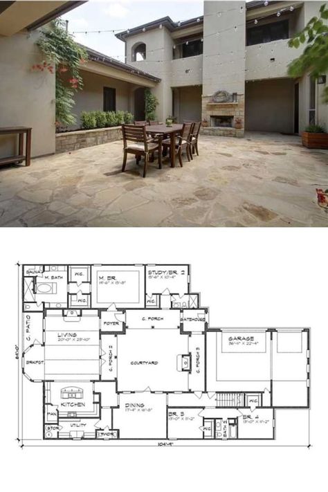 Court Yard House Plans Spanish Style, 4 Bedroom Courtyard House Plans, Floor Plans Spanish Style, Small Spanish House Interior, 4 Bedroom Spanish Style Floor Plans, Spanish Style Home Blueprint, Spanish Modern Farmhouse, Spanish Style Homes Plans Courtyards, Spanish Ranch Style Homes Floor Plans