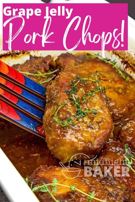 Grape Jelly Pork Chops are easy to cook in the oven. These wacky pork chops are an easy Father's Day Dinner recipe. Grape Jelly Pork Chops, Recipes With Grape Jelly, Vegetable Soup Recipes Healthy, Pork Chop Sauce, Bacon Wrapped Pork Chops, Oven Pork Chops, Peach Pork Chops, Loin Recipes, Mustard Pork Chops