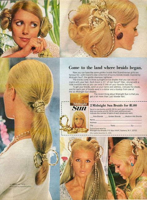 Hair Ads, Sun Hair, 1970s Hairstyles, Retro Updo, Vintage Hairstyle, Patti Hansen, 70s Hair, Retro Makeup, 60s And 70s Fashion