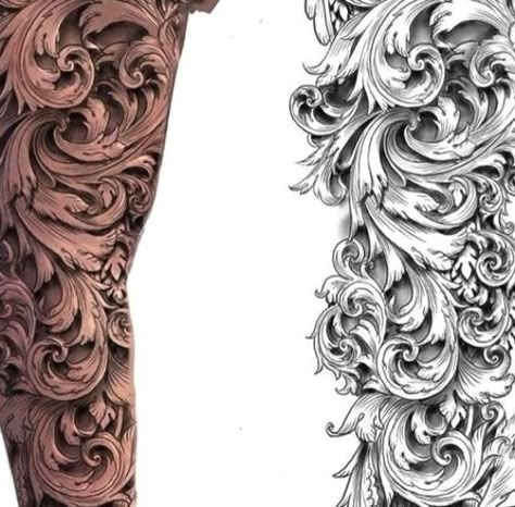 Acanthus Tattoo, Scroll Tattoo, Baroque Tattoo, Thor Tattoo, Scroll Tattoos, Flower Leg Tattoos, Filigree Tattoo, Men Tattoos Arm Sleeve, Tattoo Sleeves