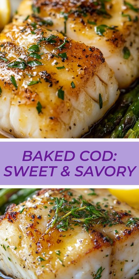 This pin features a scrumptious baked honey-marinated cod recipe, showcasing tender, flaky fish perfect for a healthy meal. It uses two images to illustrate the step-by-step process and the final delicious dish. Honey Cod Recipes, Cod Fish Marinade Recipes, Cod And Orzo Recipes, Teriyaki Cod Recipes, Roasted Cod Recipes, Paleo Cod Recipes, Low Calorie Cod Recipes, Black Cod Recipe Baked, Simple Cod Recipes