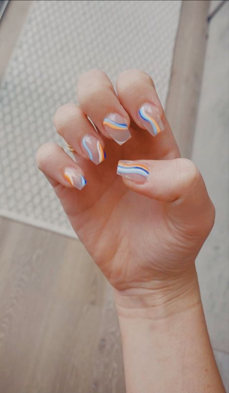 Orange, blue, white arylic nails. Trendy Orange Blue White Nails, White And Orange Nails, Orange Blue Nails, Blue White Nails, Striped Nails, Fall Inspo, White And Orange, Orange Nails, Blue Nails